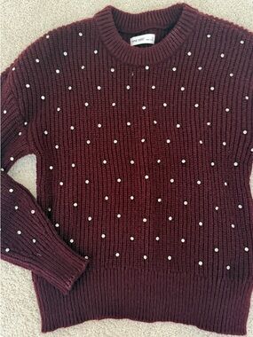 Nine West Burgundy Pearl-Studded Ribbed Crewneck Sweater